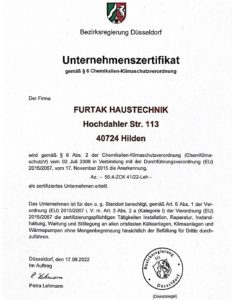 Unser Unternehmenszertifikat für Kältetechnik